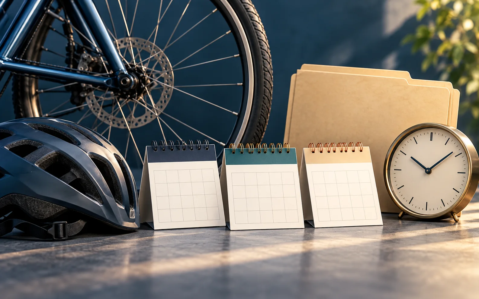 Rueda de bicicleta y casco junto a calendarios en blanco, una carpeta y un reloj