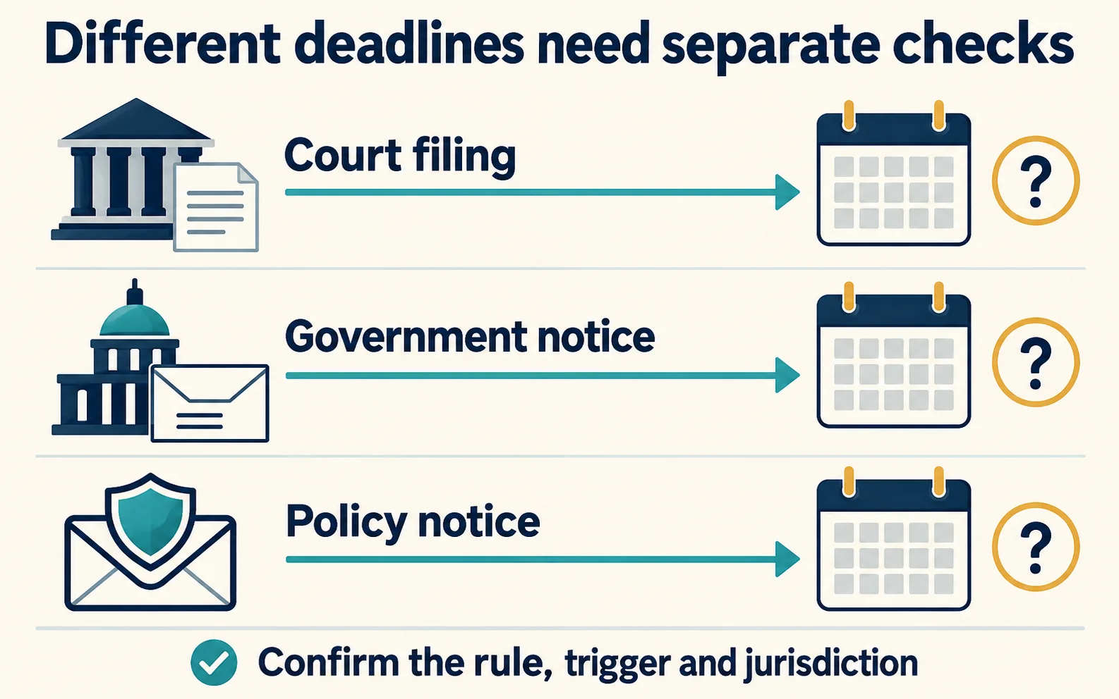 Three lanes distinguish court filing, government notice, and policy notice deadlines, each requiring confirmation.