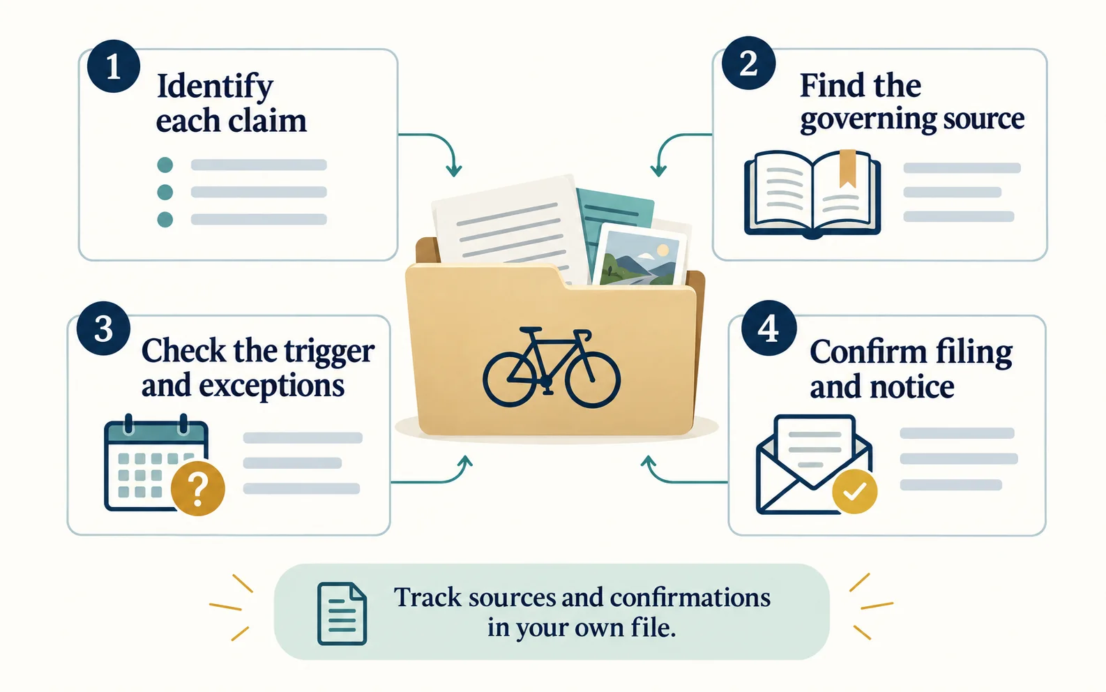 Four-step evidence map: identify each claim, find its governing source, check triggers and exceptions, then confirm filing and notice.