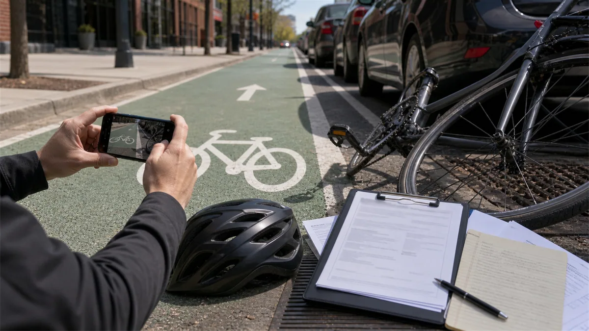 Documentary-style bicycle accidents scene for "Bicycle Accident Settlement Guide".