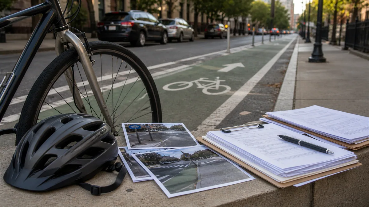 Documentary-style bicycle accidents scene for "Bicycle Lane Accident Claims".
