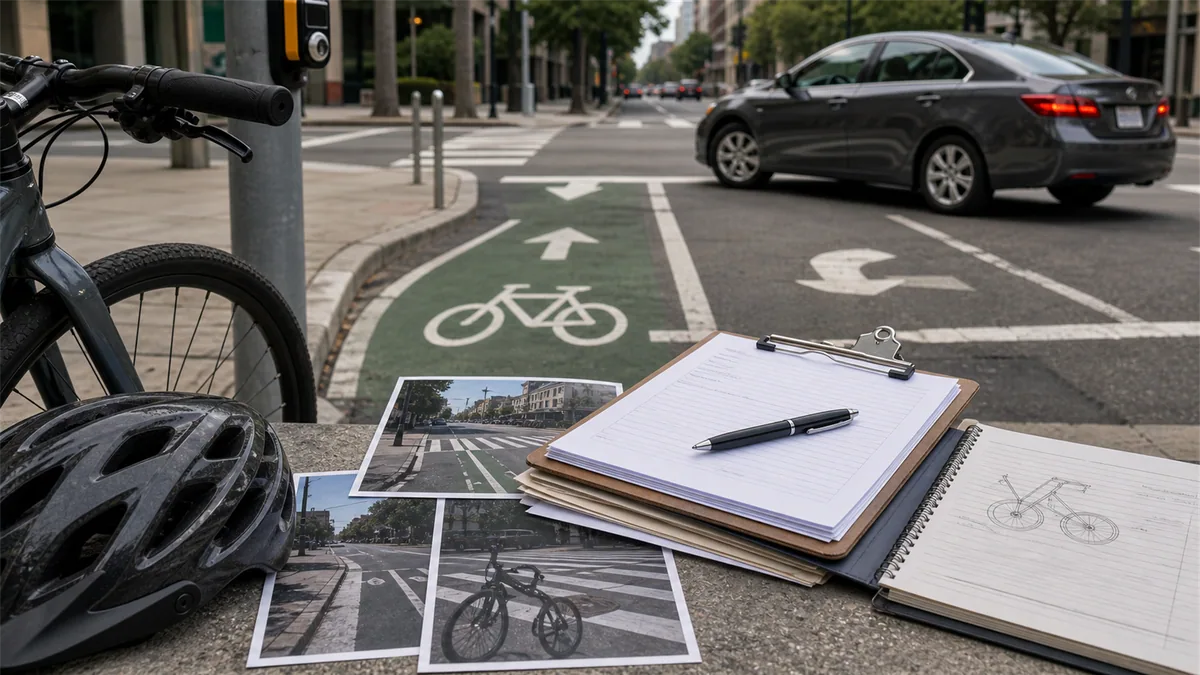 Documentary-style bicycle accidents scene for "Bicycle vs Car Right-Turn Accident".