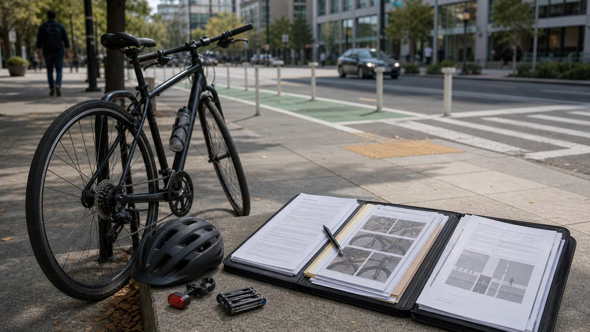 Documentary-style bicycle accidents scene for "Bicycle Sidewalk Riding Laws and Liability".