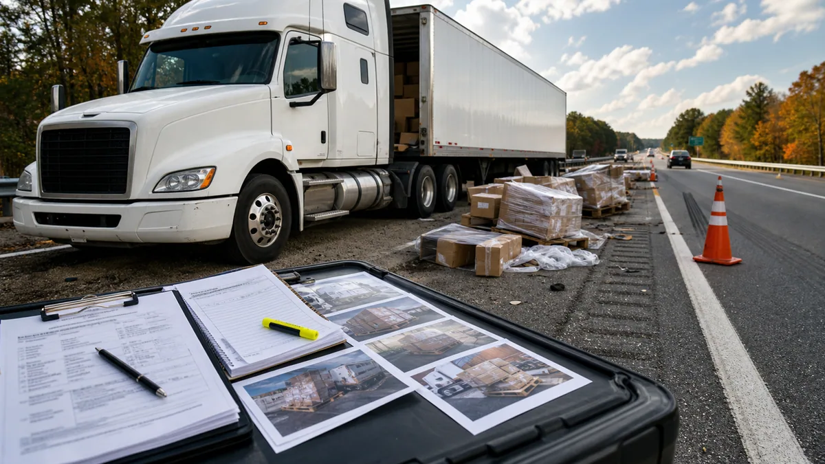 Documentary-style truck accidents scene for "Cargo Spill Truck Accident Liability".