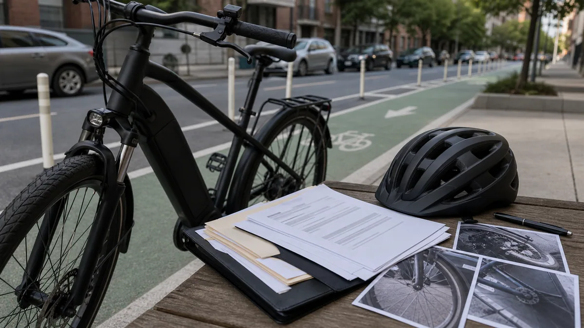Documentary-style bicycle accidents scene for "E-Bike Accident Claims Guide".