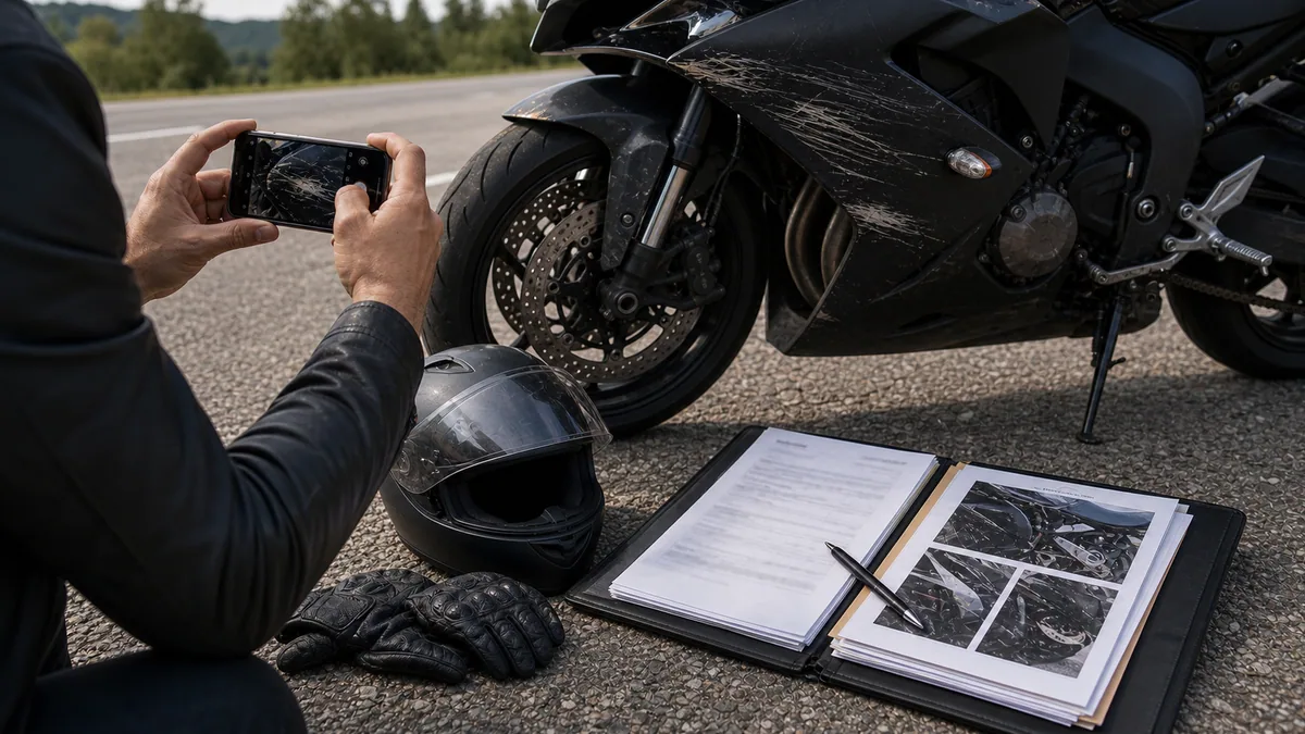 Documentary-style motorcycle accidents scene for "Motorcycle Accident Property Damage Claims".