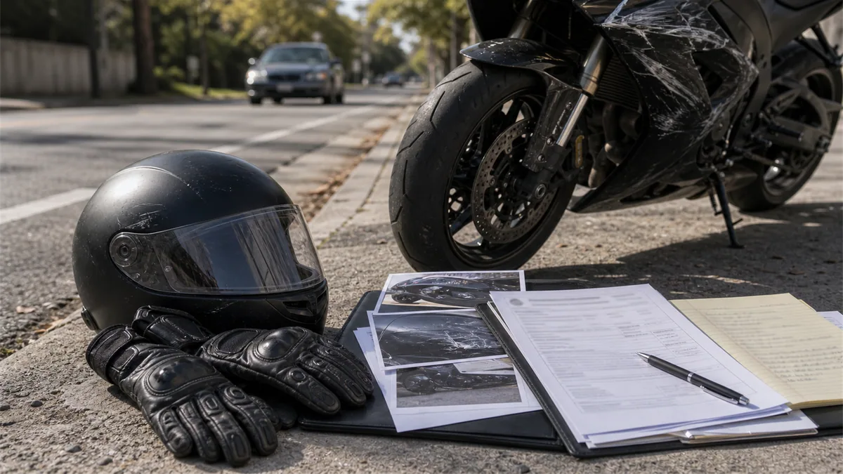 Documentary-style motorcycle accidents scene for "Motorcycle Accident Settlement Guide".