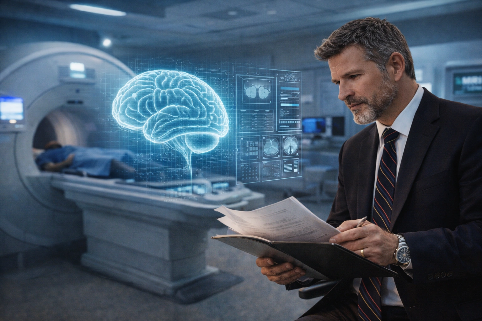 Medical imaging and helmet evidence laid out on a clinical desk during a motorcycle injury review