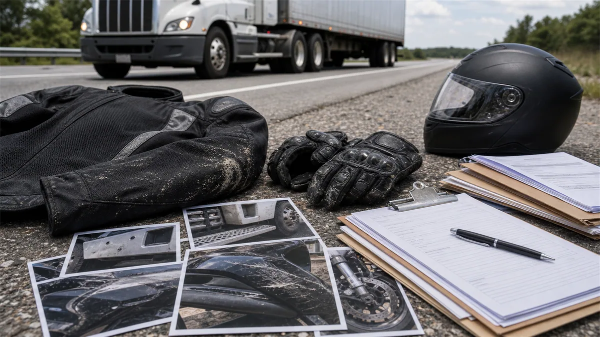 Documentary-style motorcycle accidents scene for "Motorcycle vs Truck Accident Claims".