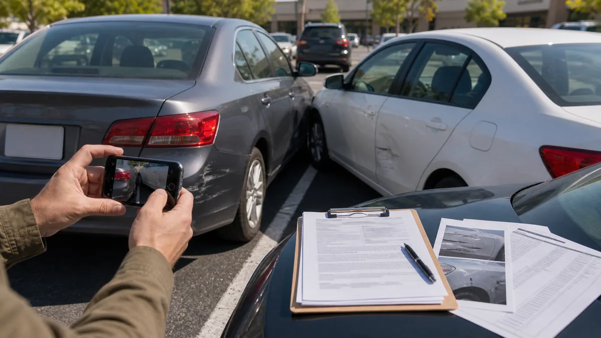 Documentary-style car accidents scene for "Parking Lot Car Accident Claims".