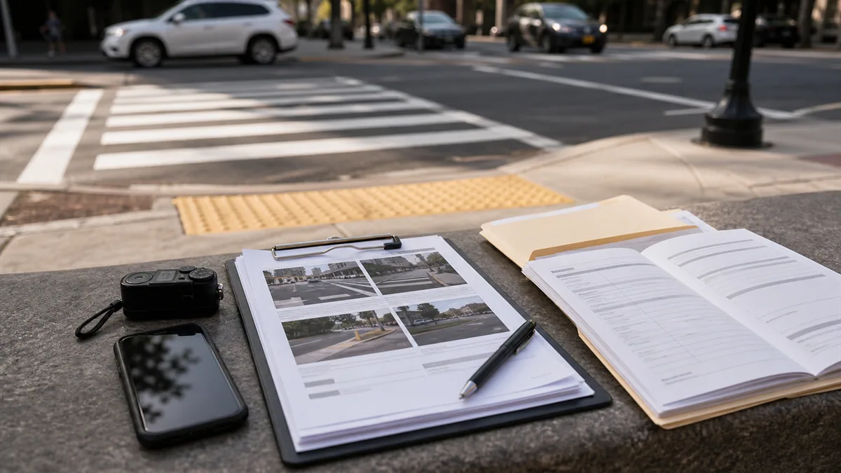 Documentary-style pedestrian accidents scene for "Pedestrian Accident Injury Claim Process".