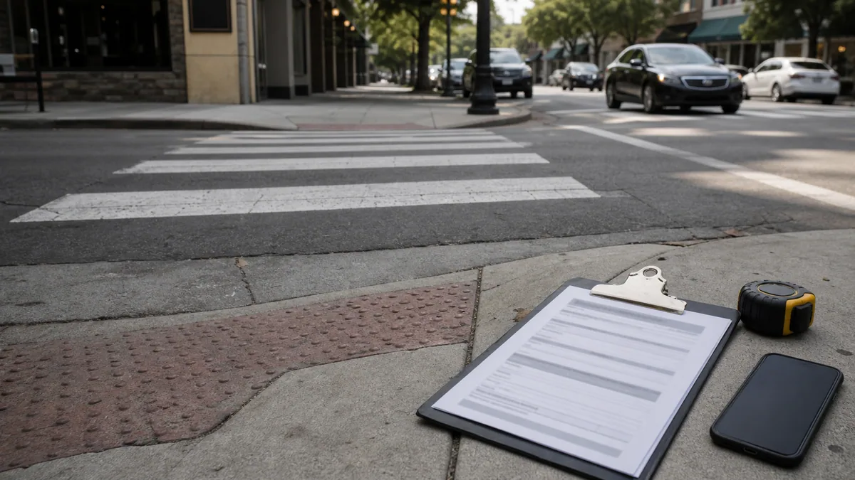 Documentary-style pedestrian accidents scene for "Pedestrian Right-of-Way Laws by State".