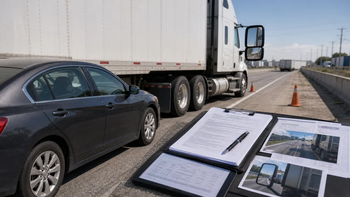 Documentary-style truck accidents scene for "Truck Blind-Spot (No-Zone) Accident Claims".