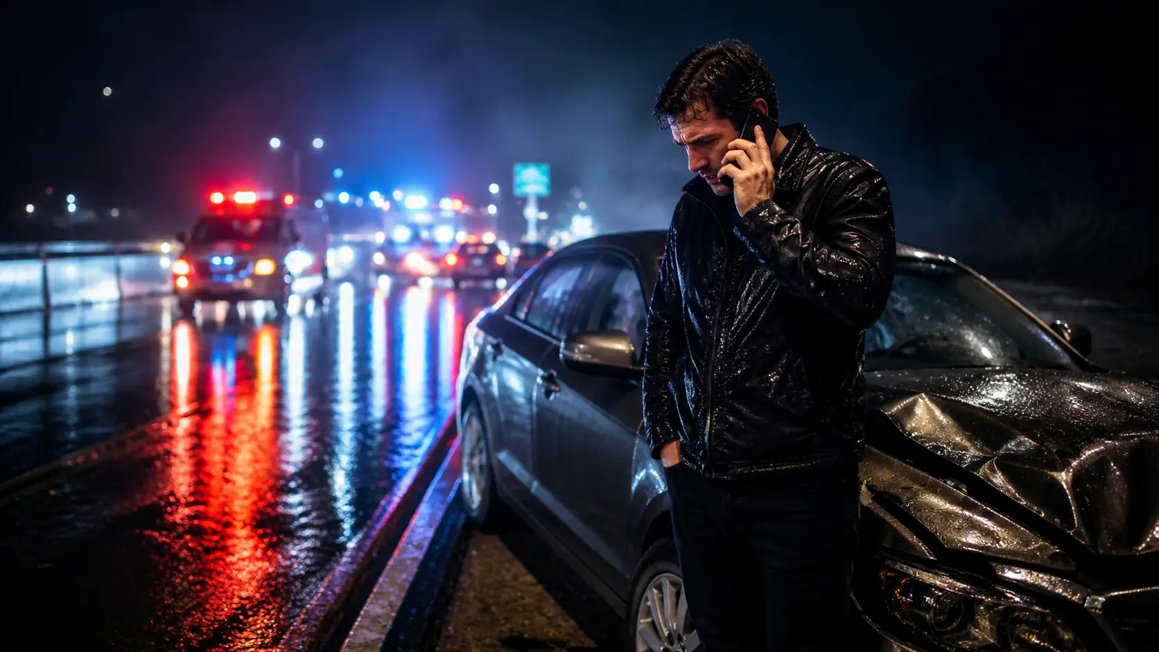 Driver photographing damage to the rear bumper of their sedan at the side of the road after a collision