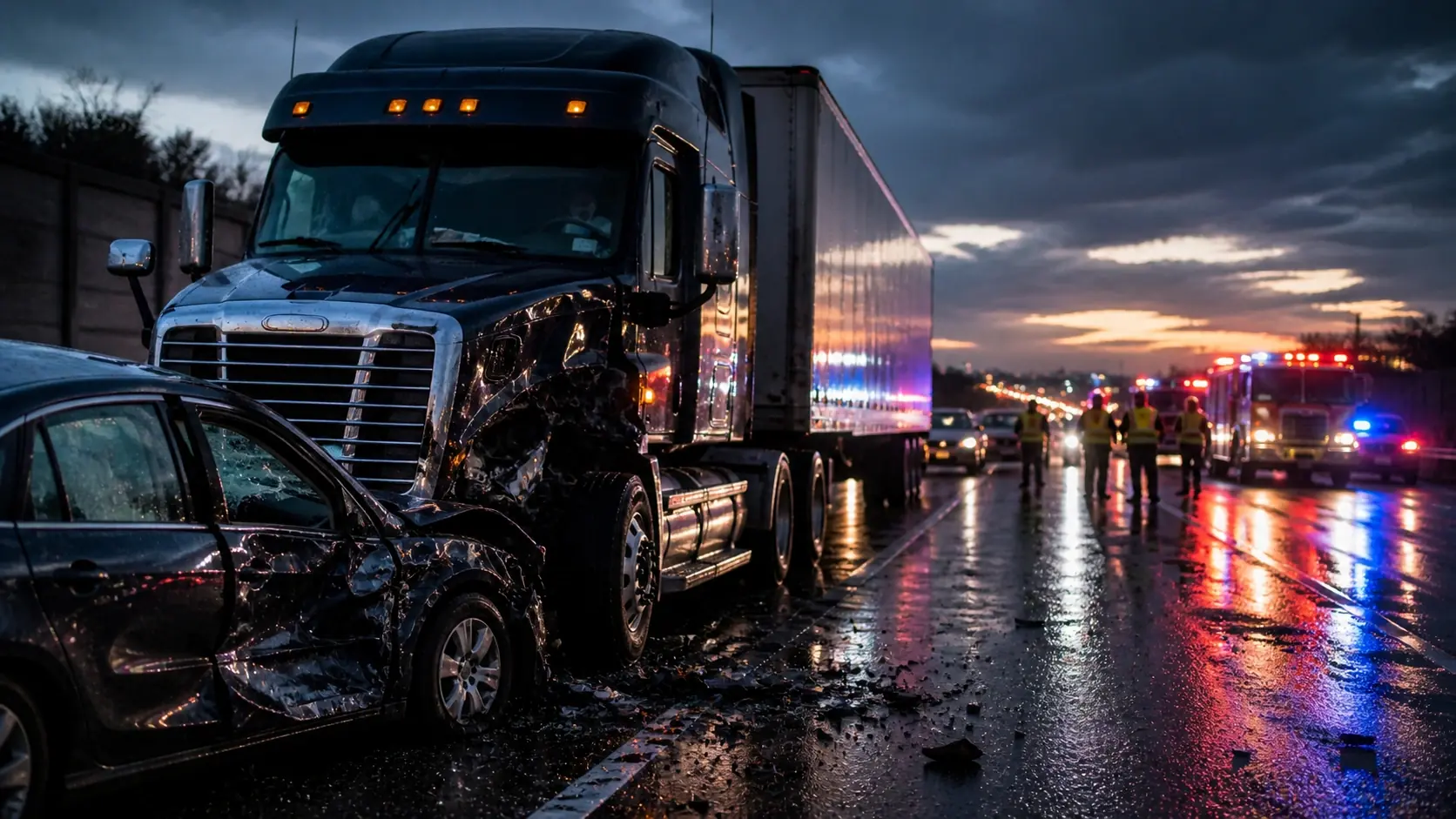 Tractor-trailer with visible front-end damage stopped on the shoulder of a highway with first responders nearby