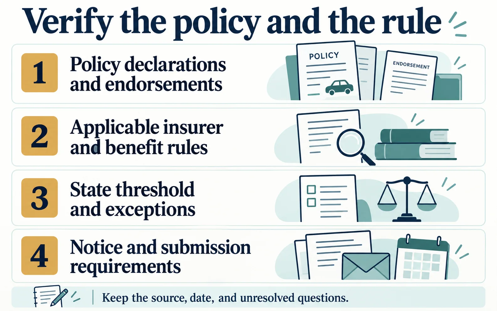 Four verification checks cover policy documents, applicable insurer, state threshold and exceptions, and notice requirements.