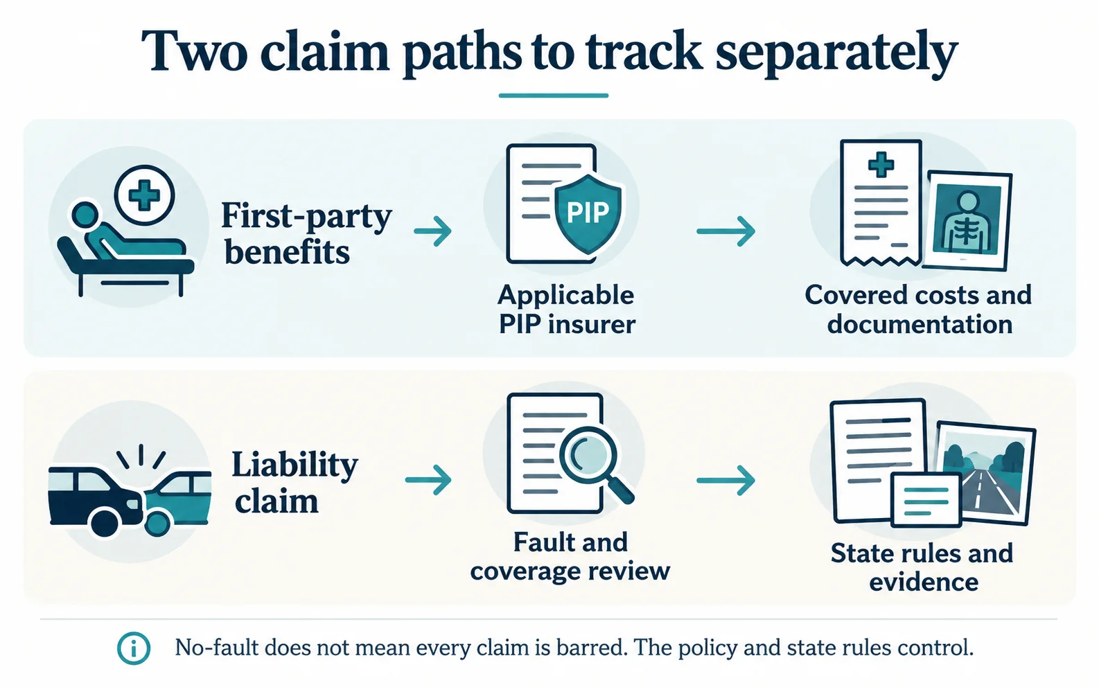 Two paths separate applicable first-party PIP benefits from liability review based on fault, coverage, state rules, and evidence.