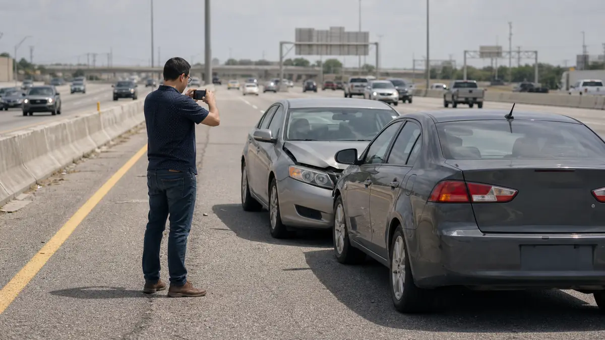 Texas freeway collision scene with emergency lights and stopped traffic