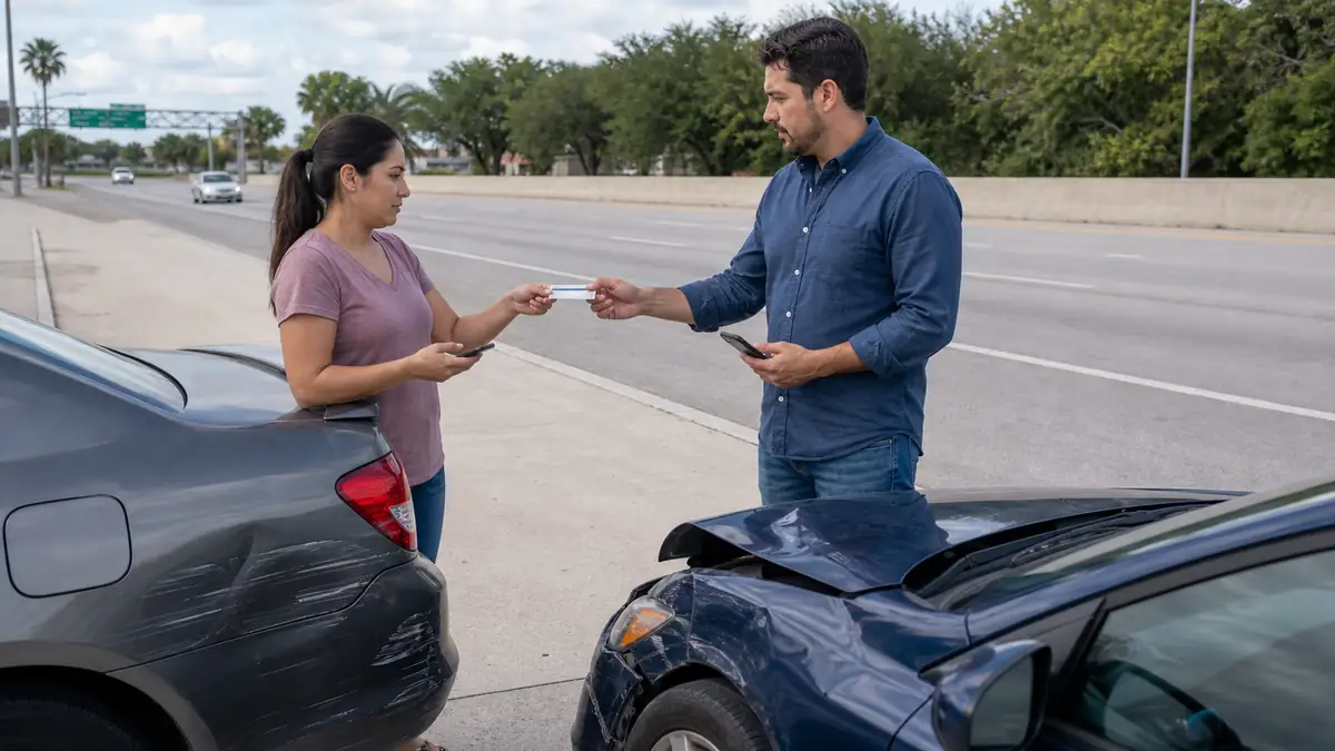 Texas drivers exchanging insurance and license information after a collision