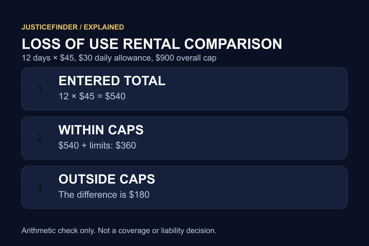 A chart comparing entered rental total, within-caps amount, and uncovered remainder.