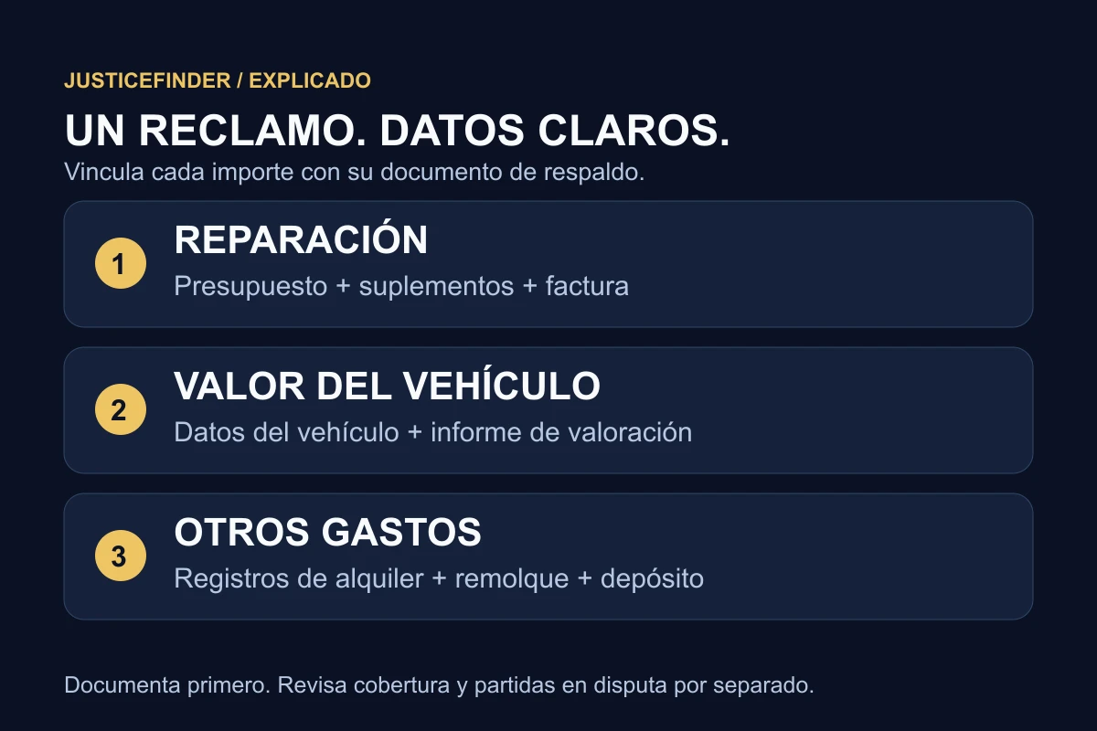 Tres grupos de documentos: reparación, valoración del vehículo y gastos de alquiler, remolque y depósito.